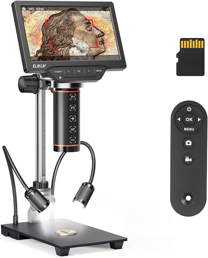 Elikliv Autofocus Digital Coin Microscope: HDMI Soldering Microscope for Adults EM3K-AF, 3K Coin Magnifier for Full View, 7" IPS Microscope with Screen, HDMI/USB Output, 10" Stand, Dual Light, 16GB