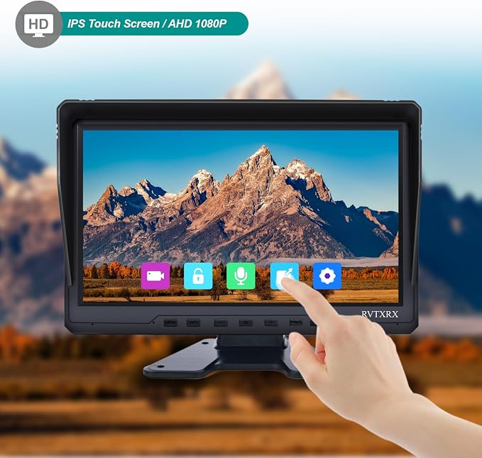 10.1 Inch 1080P AHD Quad Split Touch Screen Truck Monitor System with 4 IP69K Night Vision Cameras, BSD Pedestrian & Vehicle Alert, Loop Recording, for RV, Bus, Trailer, Forklift, Truck