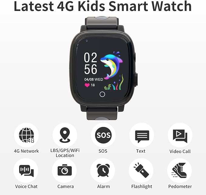 4G Kids Smart Watch Boys with GPS Tracker Phone/Video Call Alarm SOS Camera Pedometer Stopwatch Caculator Flashlight GPS Watch for Kids Age 5-12