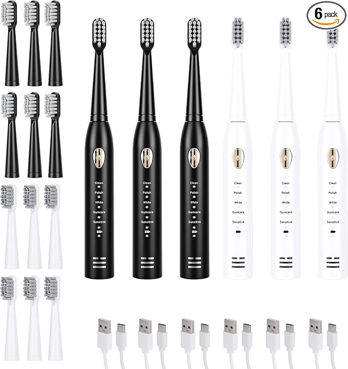 6 Pack Rechargeable Sonic Electric Toothbrush with 24 Brush Heads 12000 VPM 5 Cleaning Modes Smart 2-Min Timer USB Rechargeable IPX7 Waterproof 4 Brush Heads