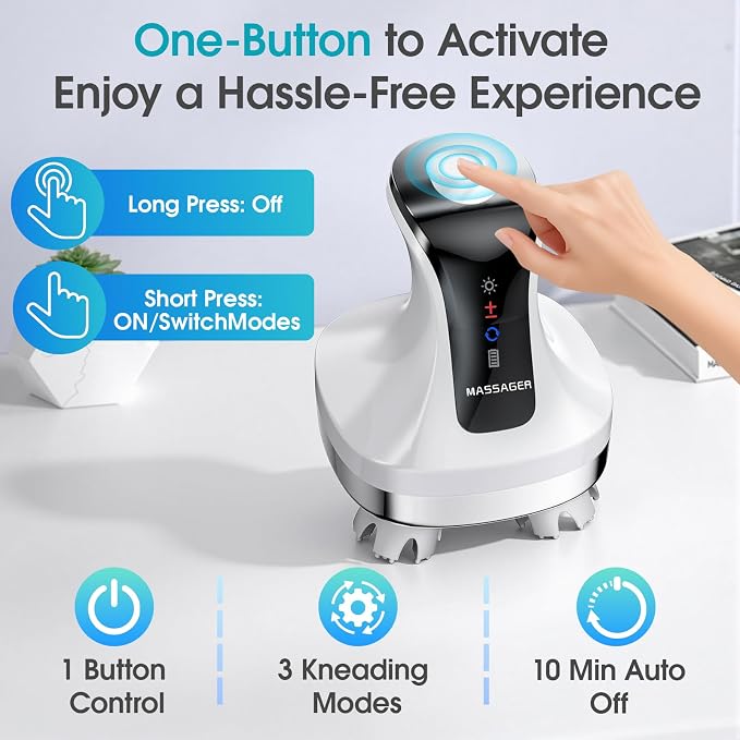 Electric Head Scalp Massager, Scalp Cleaning Tool Waterproof, Soft Silicone Heads with 108 Kneading Nodes, for Hair Growth, Portable Handheld Massage Stress Relax, 4 Modes, Gift for Men Women, White