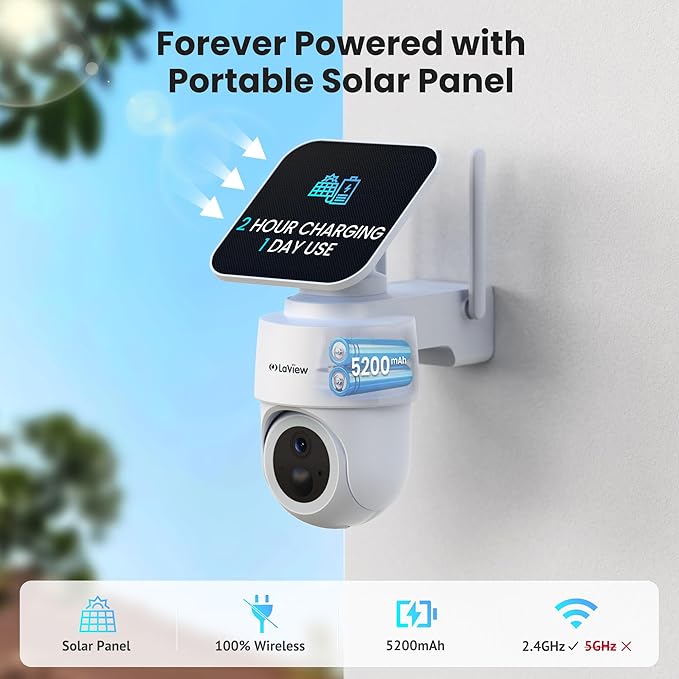 LaView 2K 3MP Solar Security Cameras Wireless Outdoor, Cameras for Home Security, 360° Pan & Tilt Rechargeable Battery Camera, IP65 Outdoor Camera, Color Night Vision, Two-Way Audio, Work with Alexa