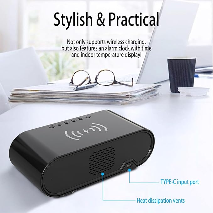 15W Fast Wireless Charging Pad Compatible with Qi-Enabled Phones, 5W/7.5W/10W Standard Charging Modes, Temperature Display & Alarm Clock for Bedside Desk, W628 White.