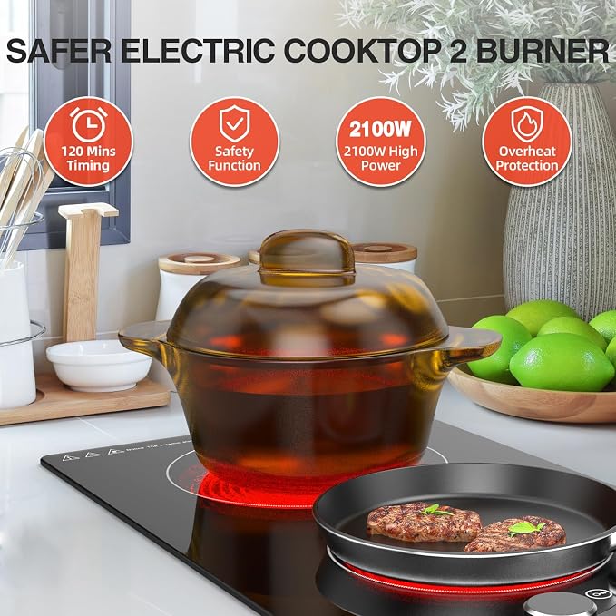 110v Electric Cooktop 2 Burners, 12'' Electric Stove Top with Plug in, Knob Control Countertop & Built-in Ceramic Cooktop, 9 Power Levels, Child Lock, Timer, Over-Heat Protection