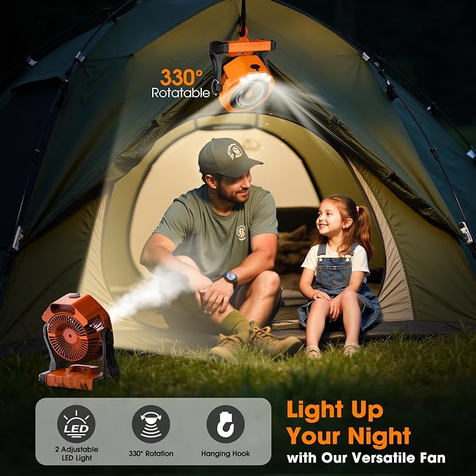 Ausic Portable Misting Camping Fan, 8" Outdoor Cooling Fan with LED Light, Water Spray, Hook, [Max 35H] Battery Operated Rechargeable Fan for Sports Sidelines, Patio, Beach, Tent, Travel