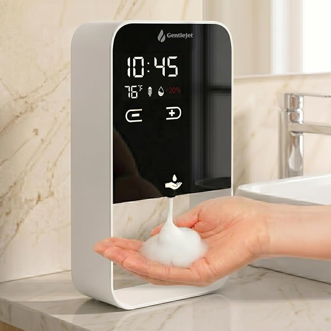 GentleJet EliteJet Automatic Foaming Soap Dispenser Touchless Sensor, LED Display, 5 Foam Levels, Wall Mount or Countertop, Rechargable USB-C or Battery Powered, Aluminum Alloy, 480 ml Refillable