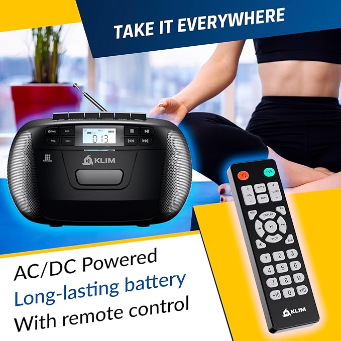 KLIM CD Player & Cassette Tape Player with Case, Bluetooth Boombox, AM/FM Radio, Stereo Sound, Remote, CD and Cassette Combo, Tape Recording, USB Drive, AUX, AC/DC Powered