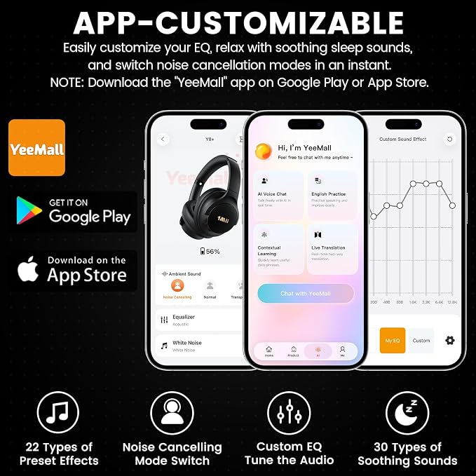 1Mii Y8+ Noise Cancelling Headphones Bluetooth 6.0 Over-Ear Wireless,Black | Hybrid ANC, 100hr Playtime, Comfortable, LDAC Hi-Res Audio, Deep Bass, Custom EQ via APP for Airplane Travel