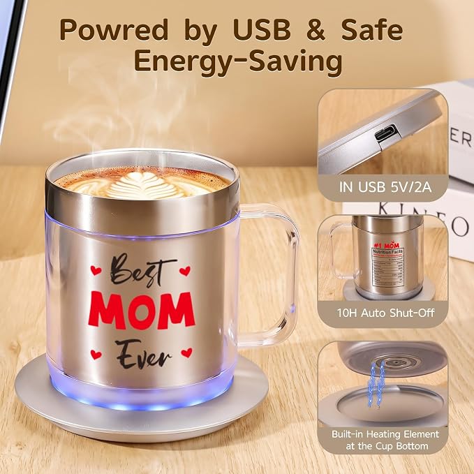 Mom Birthday Gifts, 12oz Self Heating Coffee Mug Featuring BEST MOM EVER, USB Electric Temperature Control Cup, Mothers Day Gift from Husband Daughter Son(Silver MOM-12oz)