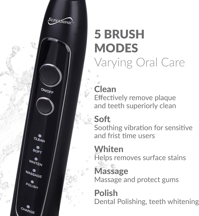 Supersonic TB-5100 Sonic Zoom Advanced Whitening Electric Toothbrush | 40,000 VPM | Wireless Charging | 5 Cleaning Modes | 8 Brush Heads | Auto Timer | Travel Case | Black