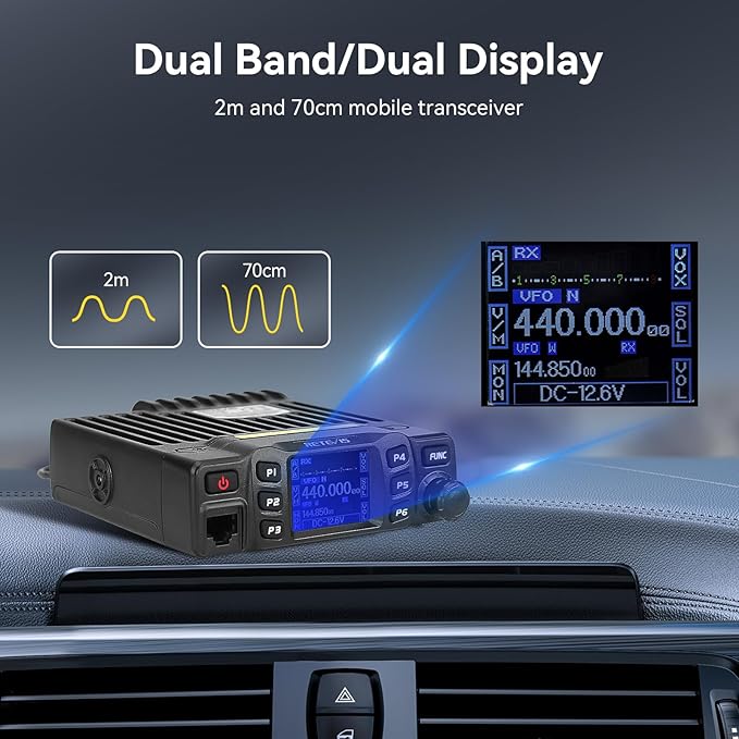 Retevis RT95 Mobile Ham Radio, Dual Band Mobile Radio, Chirp, Dual Speaker, Rotatable LCD Display, 2m 70cm Ham Radio Base Station, Mobile Transceiver with Cable