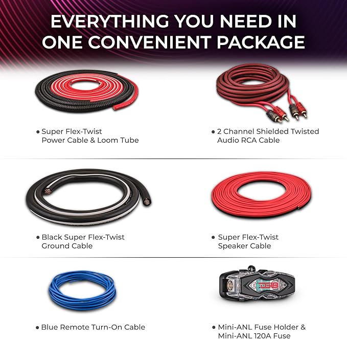 DS18 AKIT4.YL 4-GA Amplifier Installation Kit Up to 1680 Watts RMS, Mini-ANL Fuse Holder, Speaker & RCA Cables, CCA Amplifier Wiring Kit, Ultra Flex Wire, Amp Wire Kit, Amp Wiring Kit 4 Gauge - Yellow