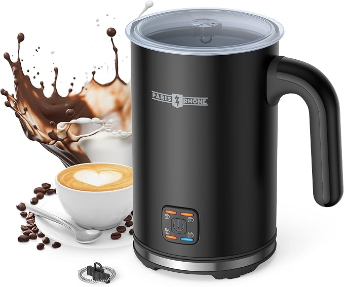 PARIS RHÔNE Milk Frother - 4-in-1 Electric Milk Frother and Steamer for Coffee, Hot/Cold Foam, 10.1oz/300ml Capacity, Non-Stick Interior Milk Warmer for Latte, Cappuccino, Macchiato (Black)