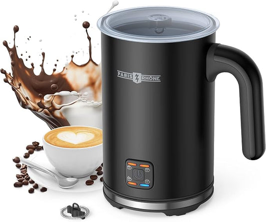 PARIS RHÔNE Milk Frother - 4-in-1 Electric Milk Frother and Steamer for Coffee, Hot/Cold Foam, 10.1oz/300ml Capacity, Non-Stick Interior Milk Warmer for Latte, Cappuccino, Macchiato (Black)