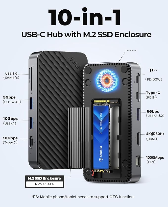 ORICO 10-in-1 USB C HUB with SSD Enclosure Built-in Cooling Fan with NVMe/SATA, HDMI 4K@60Hz,10Gbps/5Gbps USBA/C, Gigabit Ethernet, SD/TF 3.0 Ports, Compatible with Windows/Mac/Dell/HP