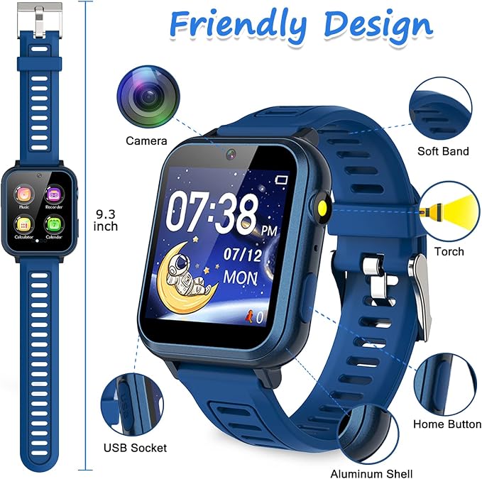 Wiszodet Kids Smart Game Watch with 39 Games HD Touch Screen Video Camera Music Player Pedometer Flashlight Alarm Clock 12/24 hr, Gifts for 5-12 Year Olds Boys