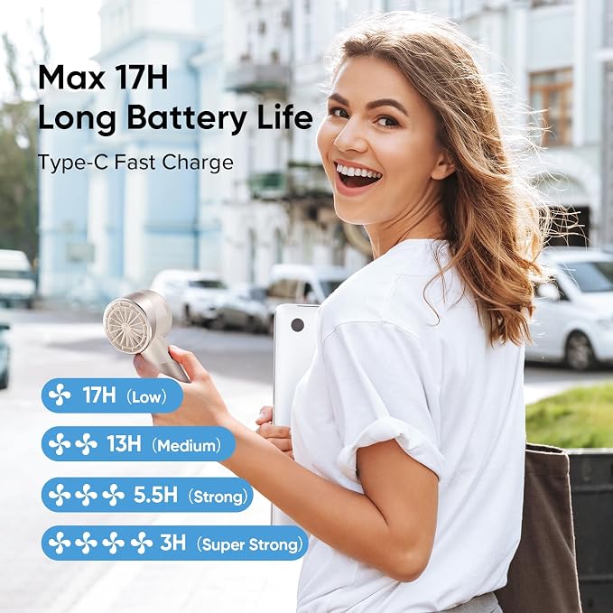 AMACOOL Portable Handheld Turbo Fan, 4 Speeds Wind with Cool Metal Body, 17Hrs Runtime Rechargeable Battery Personal Fan, Mini Pocket Fans for Girl Woman Man Travel Makeup Camping Outdoor-Beige