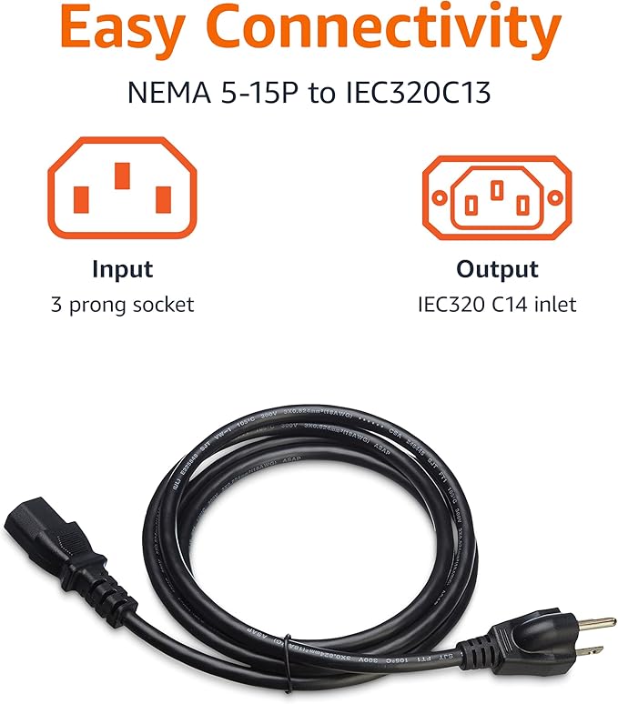 Amazon Basics PC Power Cable, 6 feet, AC Power Cord for Monitor, Computer, TV, 3 Prong, 18 AWG, 125 Volts, NEMA 5-15P to IEC320C13, UL Listed, Black (Pack of 2)