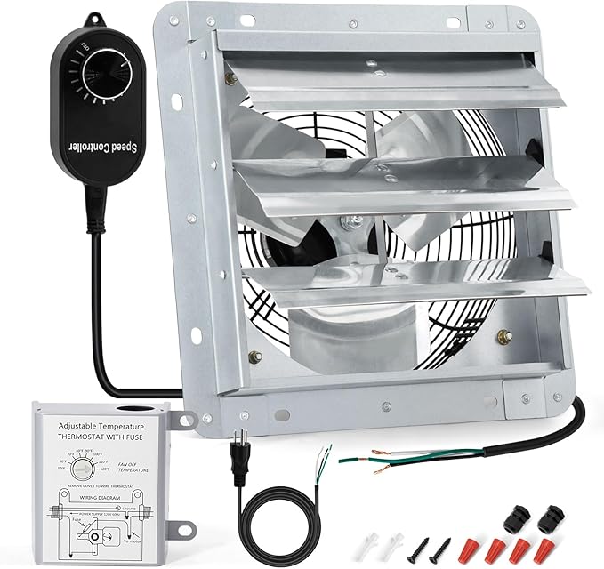 10 Inch Upgraded Shutter Exhaust Fan with Speed Controller & Thermostat, 820 CFM Wall Mounted Exhaust Fan, Ventilation Attic Fans for Greenhouse, Garage, Warehouse, Shed, Basement, Chicken Coop