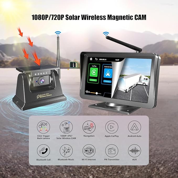 7'' Radio Stereo Carplay Android Auto, Magnetic Solar Power,Wireless Bluetooth Back up Reverse Rear View Camera forRV rigtrailer Tractor Trailer Truck GPS Navavigation Multi Media Player