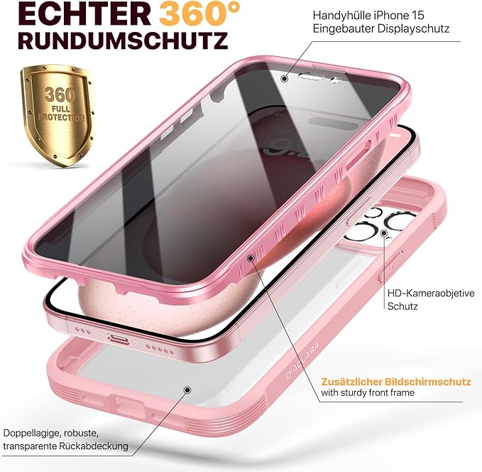 Diaclara Designed for iPhone 15 Plus Case 6.7 Inch,Upgraded Full Body Rugged Clear Bumper Case with Built-in Privacy Screen Protector for iPhone 15 Plus,Pink