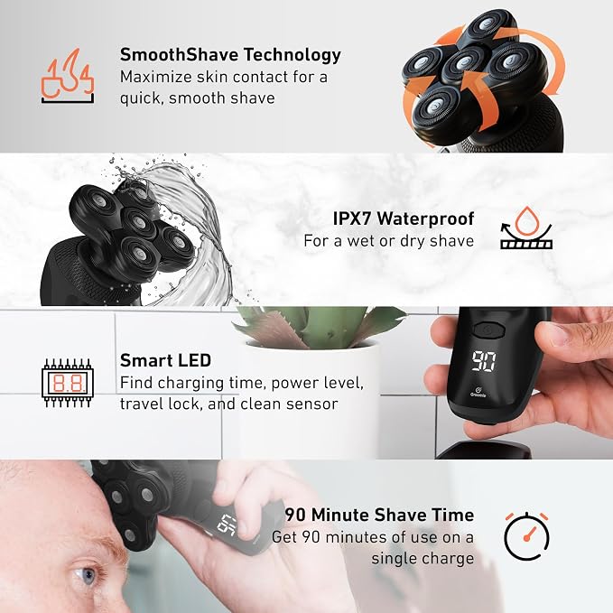Groomie Mens Grooming Bundle - BaldiePro Electric Head Shaver for Bald Men Includes Travel Case, Charging Dock & Accessory Kit - Deodorant, Scalp & Face Serum, Shave Gel, Aftershave, Pre-Shave Oil