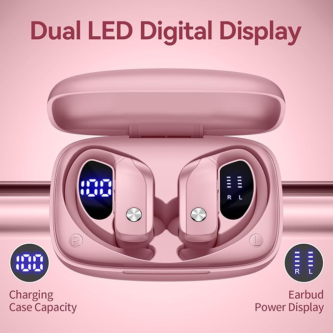bmani Ear Buds Wireless Earbuds Bluetooth Headphones with 80H Playtime LED Display Case, Over-Ear Hook with Mic, Stereo Sound, Easy Button Controls, Sports Earphones for Running Workout Gym Pink