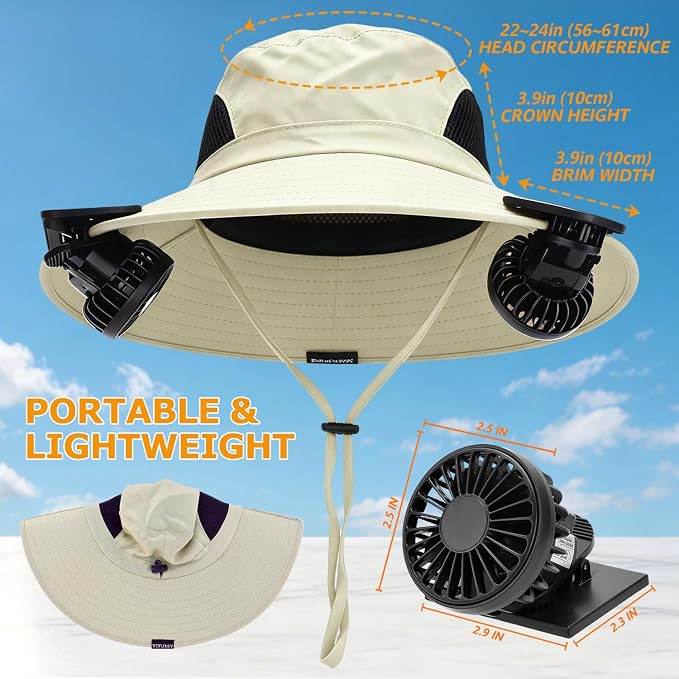 Wide Brim Sun Bucket Hat with 2 Solar Powered Fan for Men & Women | Waterproof & UPF 50+ Sun Protection Hat with Dual-Power Clip-On Cooling Fans for Outdoor Hiking Fishing Gardening