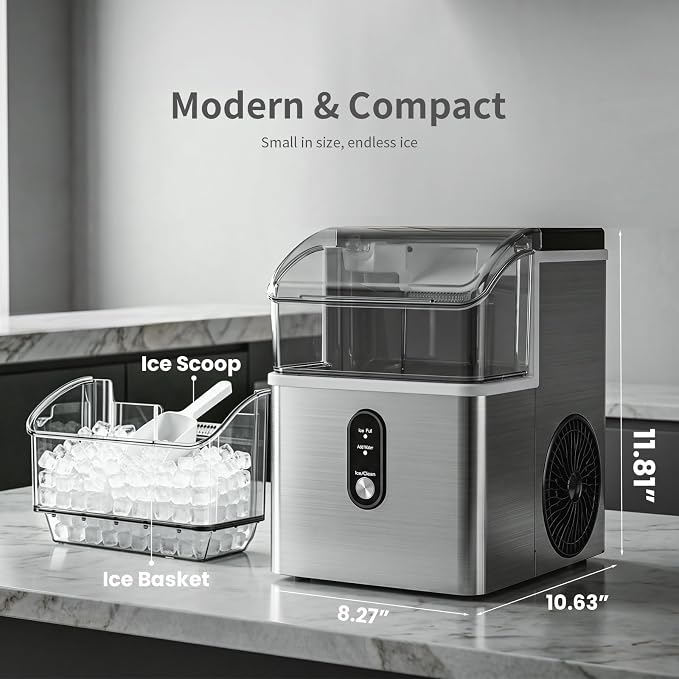 Kismile Nugget Ice Maker Countertop,33Lbs/24H Ice Machine with Chewable Ice,Self-Cleaning Portable Ice Maker with One-Click Operation,for Home/Kitchen/Office(Silver)