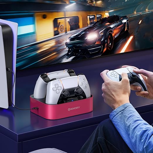 NEWDERY for PS5 Controller Charger Station, Dual Charging Dock for PlayStation 5 DualSense/Edge Controller, Fast Charging Stand with Type-C Cable, Gamer Gift for Women & Girls, Mother's Day