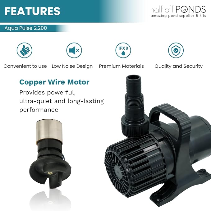 Aqua Pulse Submersible Pond Pump, 2,200 GPH, 20 ft Cord | 15 ft max head, 120W energy efficient, Ultra quiet, For koi ponds, Waterfalls, Fountains