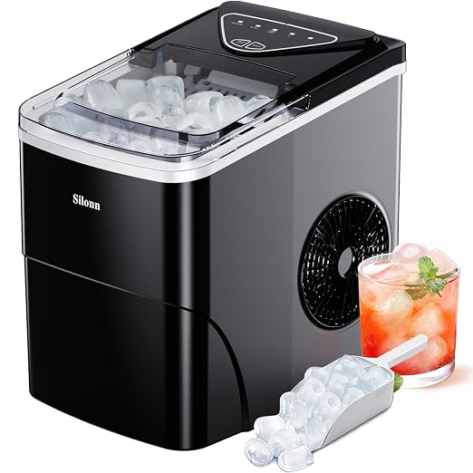 Silonn Countertop Ice Maker, Auto-Cleaning Portable Ice Machine with Ice Scoop and Basket, 26lbs in 24Hrs, 9 Ice Cubes Ready in 6 Mins, 2 Sizes of Bullet Ice for Home Party