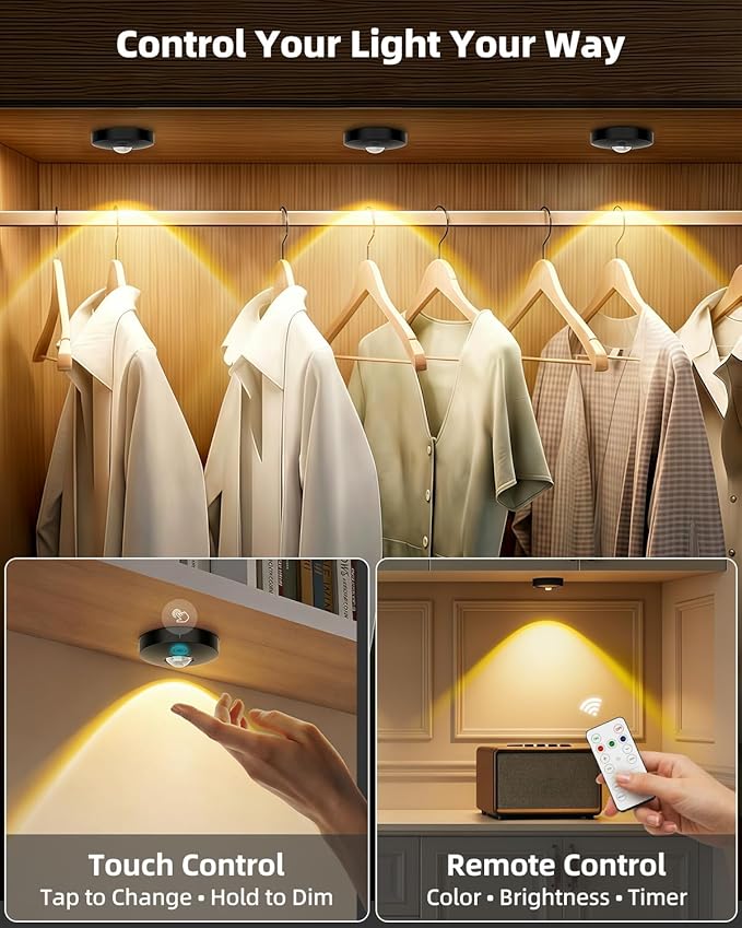 Rechargeable Puck Lights (6Pcs) with Remote, 1500mAh Battery, Dimmer & Timer, Wireless Led Stick on Lights for Bedroom, Kitchen