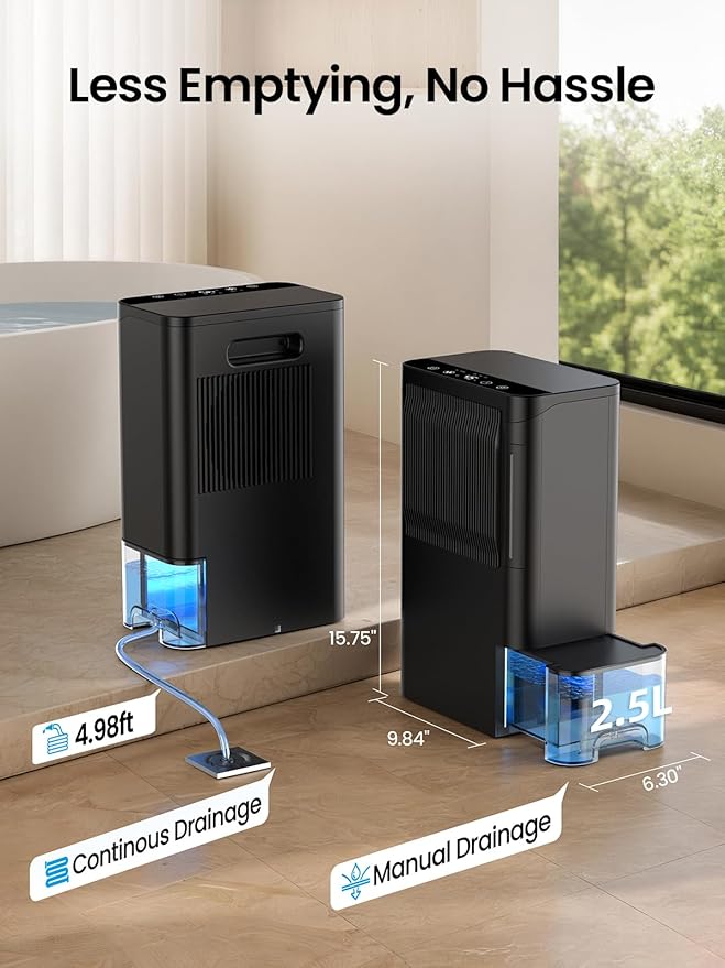 Dehumidifiers for Home 1500 Sq.Ft, 2.5L Tank, 35dB Quiet, New Rotary Technology Dehumidifier with Drain Hose, Works Down to 1°C/34°F, Auto Shutoff, Ideal for Basement Bedroom Bathroom RV Closet