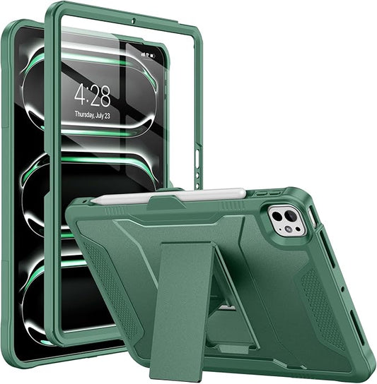 Soke Case for iPad Pro 11 Inch (M5) 2025/ (M4) 2024, with Built-in Screen Protector & Kickstand, Rugged Full Body Heavy Duty Protective Cover with Pencil Holder - Midnight Green