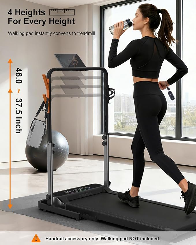 Walking Pad Handle Bar Attachment Only, Compatible with Walking Pads 22.4" Wide, Adjustable Treadmill Handrail with Phone/Cup Holder & Towel Hooks, Overbold Stable, Easy Assembly, Black