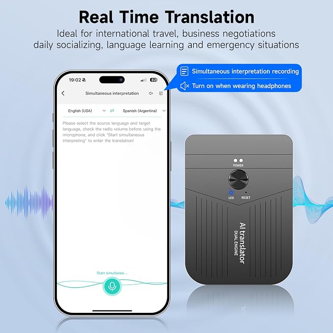 AI Language Translator, HFfit AI Assistant, 136 Online & 11 Offline Languages, Real-Time Voice & Photo Translation, Meeting Recorder, APP Control for Travel, Business & Learning