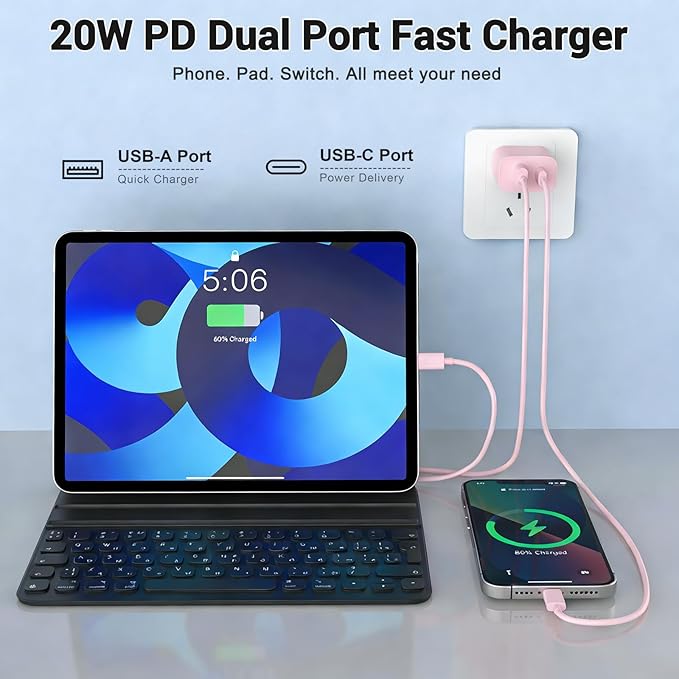 iPhone 17 16 15 Charger Fast Charging 10FT Long USB C Charger Cable with 20W Dual Port Block - Type C Charging Cable Compatible with iPhone 17/17 Pro/17 Pro Max/17 Air, 16/16e, 15, 3 Pack (Pink)