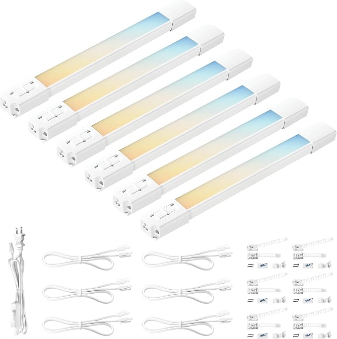 Parmida (6 Pack) LED Under Cabinet Lighting Kit, 12 Inch, 5CCT Color Selectable, 42W, Linkable Light Bar for Kitchen Counter Closet Shelf, Plug-In, On/Off Switch, Dimmable Damp Location Rated 120V ETL