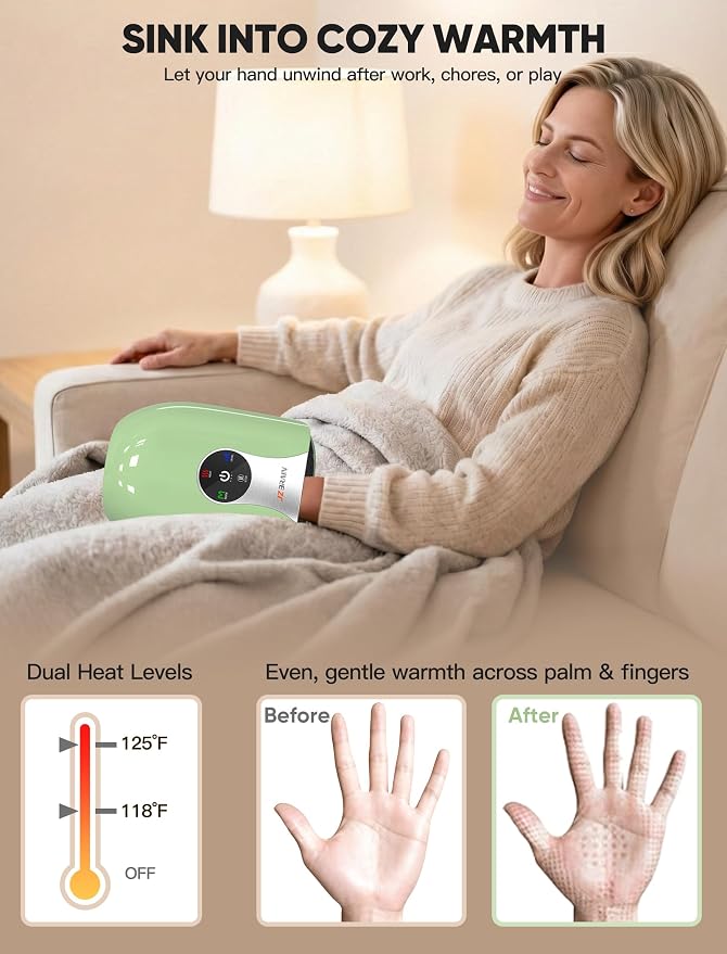 JZBRAIN Hand Massager with Heat and Compression: Cordless Heated Hand and Wrist Massager for Palm, Fingers, and Comfort Relief 4 Modes 6 Intensities, Portable Rechargeable