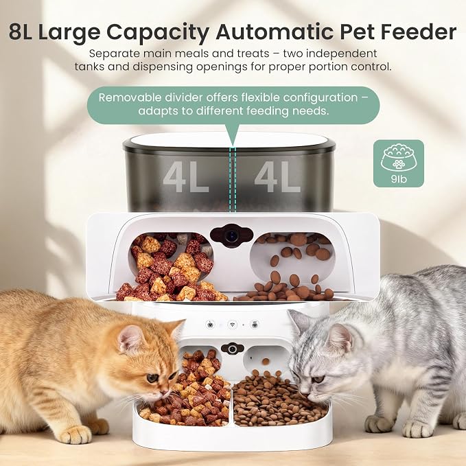 Automatic Cat Feeder 5G/2.4GHz Dual-Band WiFi Built-in HD Camera & Night Vision Two-Way Audio Calling APP Remote Control | Up to 10 Timed Feedings Per Day 8L Capacity Washable Parts (White)
