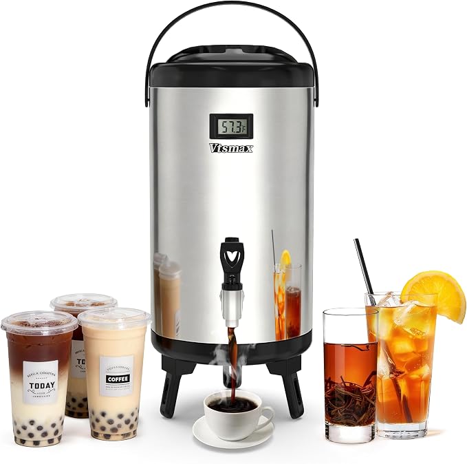 Commercial Insulated Beverage Dispenser with Stand, 2 Gallon Hot Water Dispenser, Hot & Cold Drink Dispenser Temperature Display, for Tea,Coffee(Silver)