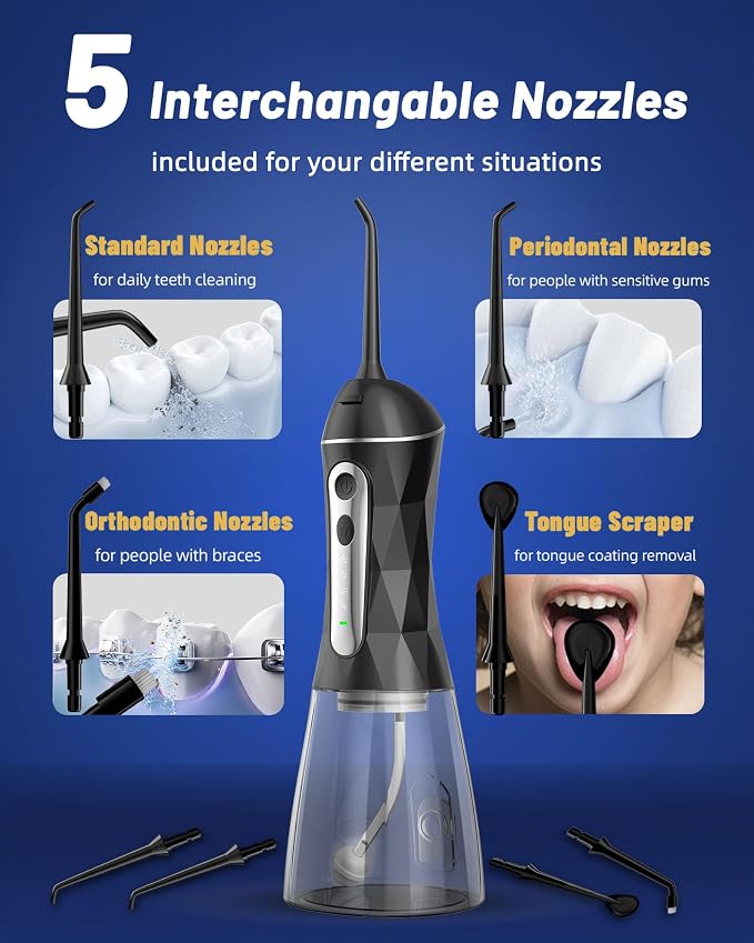 Electric Water Dental Flosser - Cordless Portable Teeth Cleaner, Rechargeable 320ML Larger Water Tank Oral Irrigator, 4 Modes with 5 Jet Tips and Travel Bag, IPX7 Waterproof (Black)