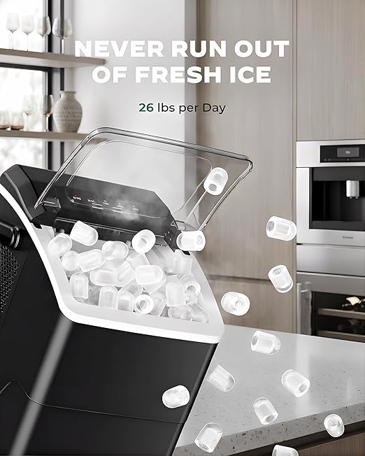 Silonn Countertop Ice Maker, 26 lbs/Day Fast Ice in 6 Mins, Compact Self-Cleaning Ice Machine for Home, Kitchen, Office & Parties, Black