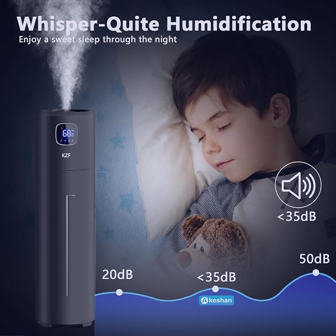 KZF Humidifier Large Room, 9L Humidifiers for Bedroom, Ultrasonic Cool Mist Humidifiers with Humidistat, 360°Nozzle, 350ML/H Big Mist Level, Suitable for Baby Livingroom Yoga Office Plants Home