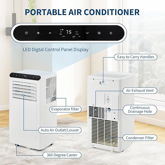 10000 BTU Portable Air Conditioners, Portable AC Unit for Room Up to 450 Sq.Ft, Cooling, Dehumidifier & Fan Modes, Remote Control, Dust Filter, 50 dB Quiet Operation, for Bedroom Office Apartment
