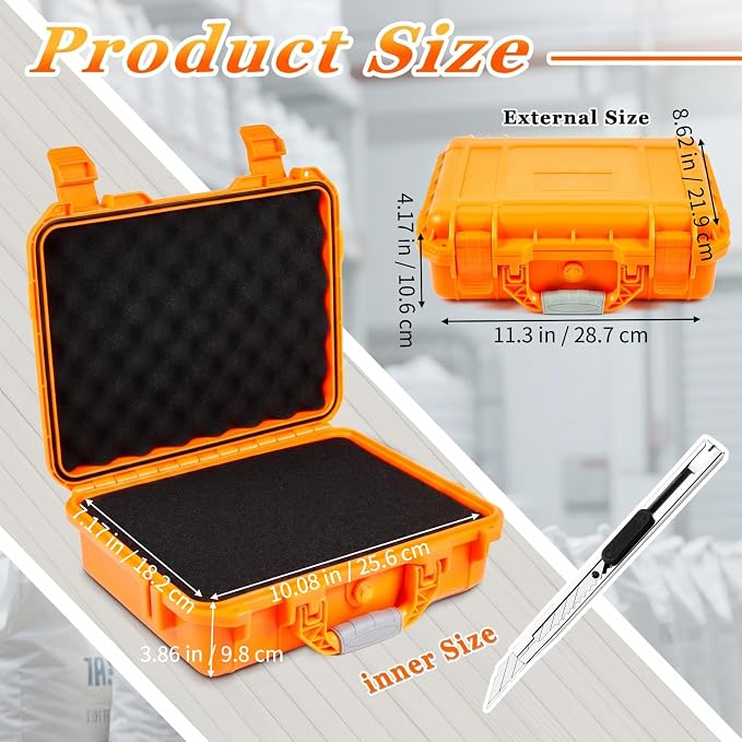 Relaxweex 1 Pcs Waterproof Hard Case with DIY Customizable Foam Insert Portable Protective Case with Knife for Camera Drones Equipments Tools Test Instruments(Orange,11.3 x 8.7 x 4.2 Inch)