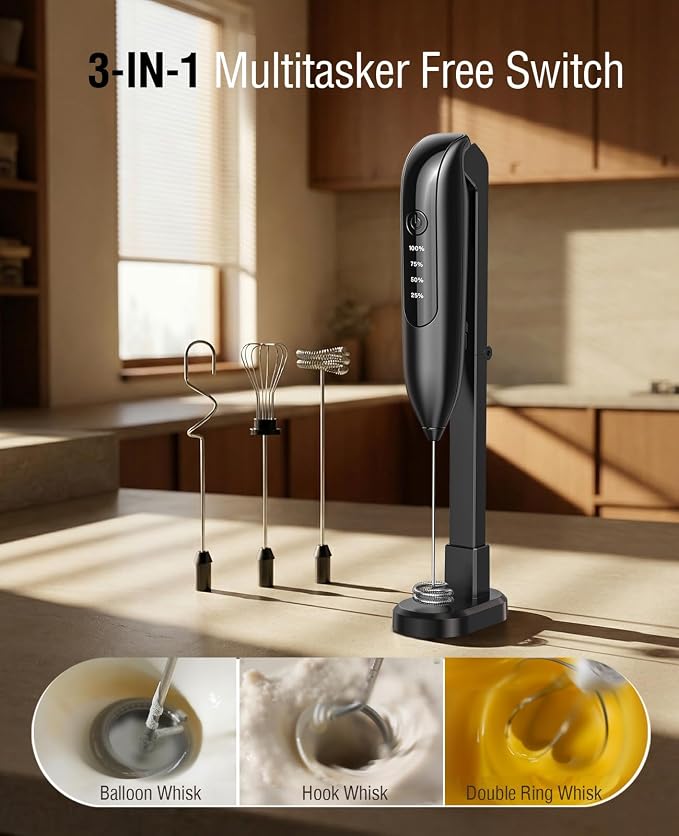 Dynooper Electric Milk Frother Handheld: coffee frother rechargeable 3 in 1 - LED Display, Wireless Charging - 3 Speeds, Stainless Steel Whisk for Latte, Cappuccino - Bright Grey