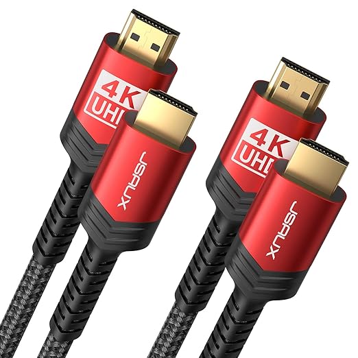 JSAUX 4K Long HDMI Cable 2 Pack 15ft, 18Gbps High Speed HDMI 2.0 Braided Cord, 4K 60Hz HDR, 2K 1440P 144Hz, 1080p, HDCP 2.2, 3D, ARC, Ethernet Compatible with Monitor Smart TV PC PS5 PS4 Blu-ray -Red