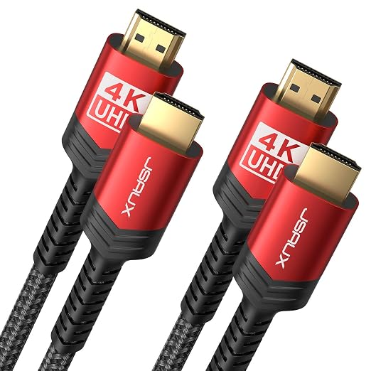 4K Long HDMI Cable 2 Pack 25 ft, JSAUX 18Gbps High Speed HDMI 2.0 Braided Cord, 4K 60Hz HDR, 2K 1440P 144Hz, 1080p, HDCP 2.2, 3D, ARC, Ethernet Compatible with Monitor Smart TV PC PS5 PS4 Blu-ray -Red